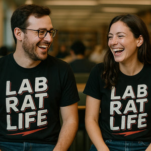 Person wearing the black studying t shirt graphic tee - "Lab Rat Life" design