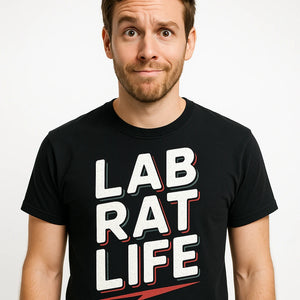 Close-up of the "Lab Rat Life" white print on a premium Bella+Canvas black studying t shirt