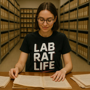 Lifestyle shot of the "Lab Rat Life" black studying t shirt in a real-world setting