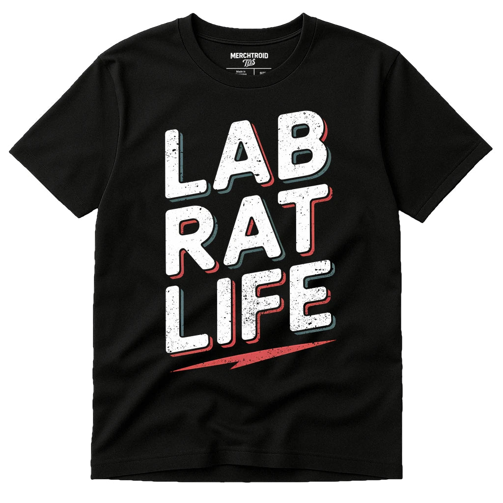 Black Studying T Shirt - "Lab Rat Life" graphic tee with white print, flat lay product photo