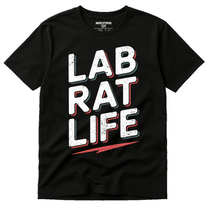 Black Studying T Shirt - "Lab Rat Life" graphic tee with white print, flat lay product photo