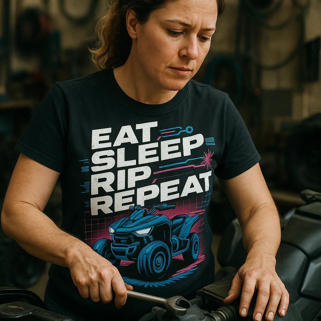 "Eat Sleep Rip Repeat" black atv riding shirts, photographed as gifts for atv riders