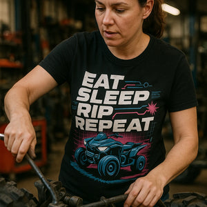 "Eat Sleep Rip Repeat" black atv riding shirts - also a atv lover gift ideas