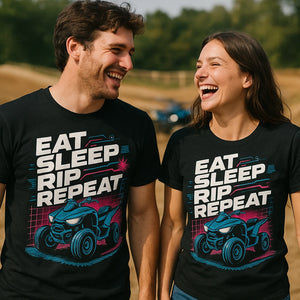 Person wearing the black atv riding shirts graphic tee - "Eat Sleep Rip Repeat" design
