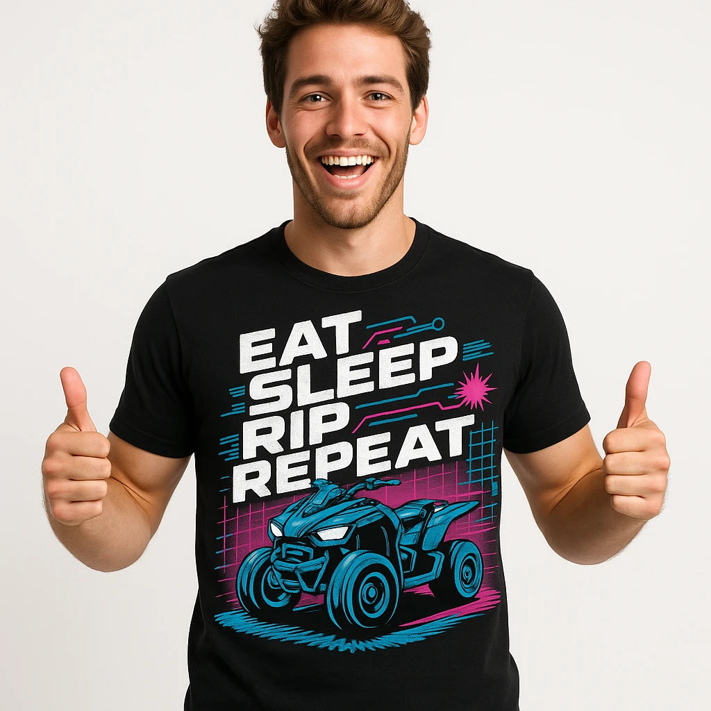 Close-up of the "Eat Sleep Rip Repeat" gray print on a premium Bella+Canvas black atv riding shirts