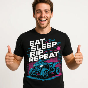 Close-up of the "Eat Sleep Rip Repeat" gray print on a premium Bella+Canvas black atv riding shirts