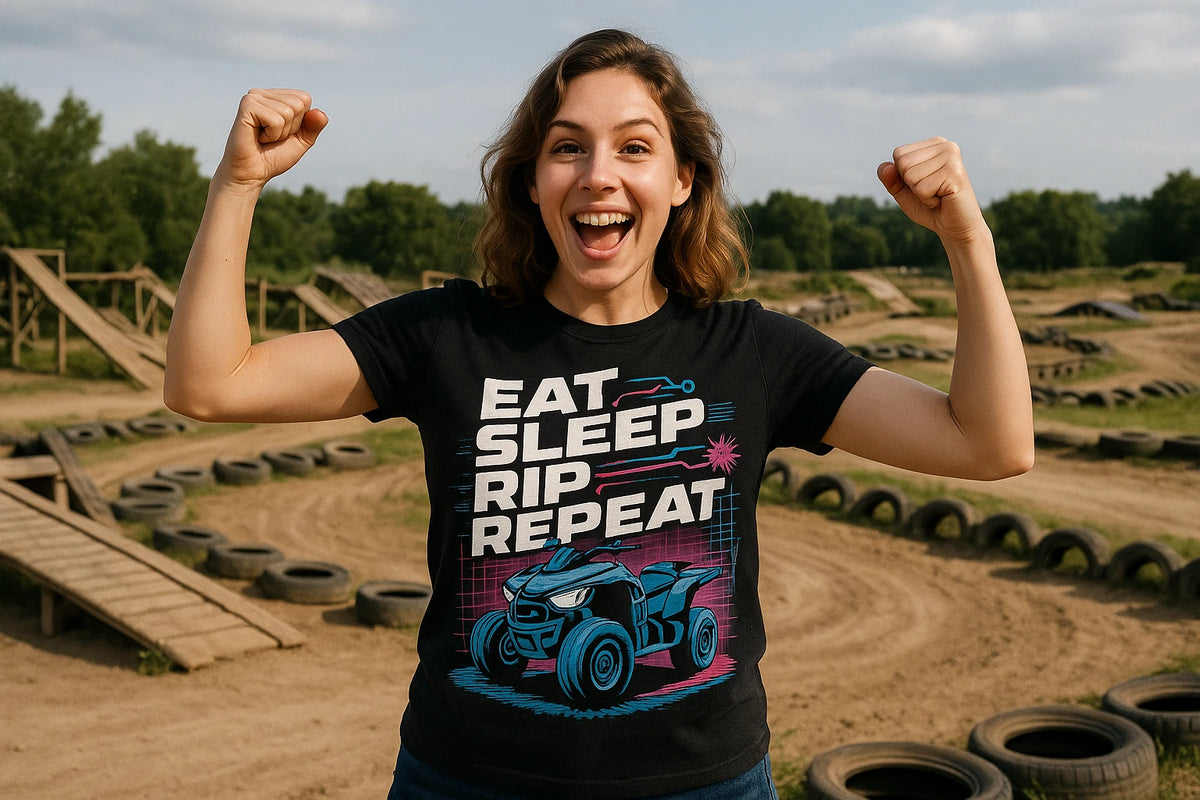 Lifestyle shot of the "Eat Sleep Rip Repeat" black atv riding shirts in a real-world setting