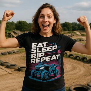 Lifestyle shot of the "Eat Sleep Rip Repeat" black atv riding shirts in a real-world setting