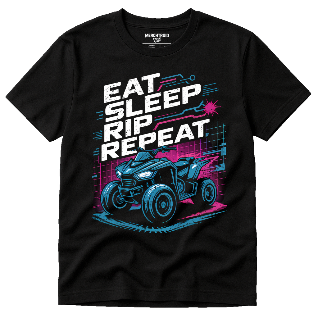 Black Atv Riding Shirts - "Eat Sleep Rip Repeat" graphic tee with gray print, flat lay product photo