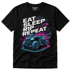 Black Atv Riding Shirts - "Eat Sleep Rip Repeat" graphic tee with gray print, flat lay product photo