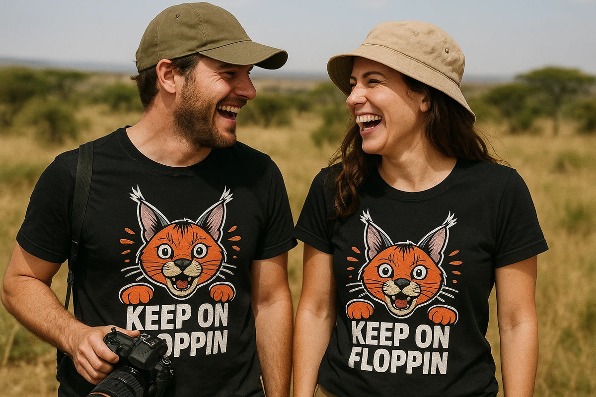 Person wearing the black caracal t shirt graphic tee - "Keep on Floppin" design
