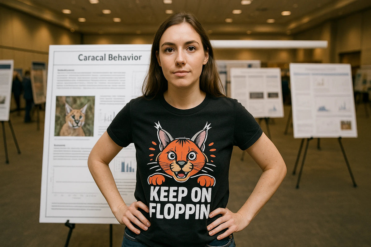 Lifestyle shot of the "Keep on Floppin" black caracal t shirt in a real-world setting