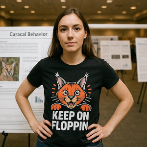 Lifestyle shot of the "Keep on Floppin" black caracal t shirt in a real-world setting
