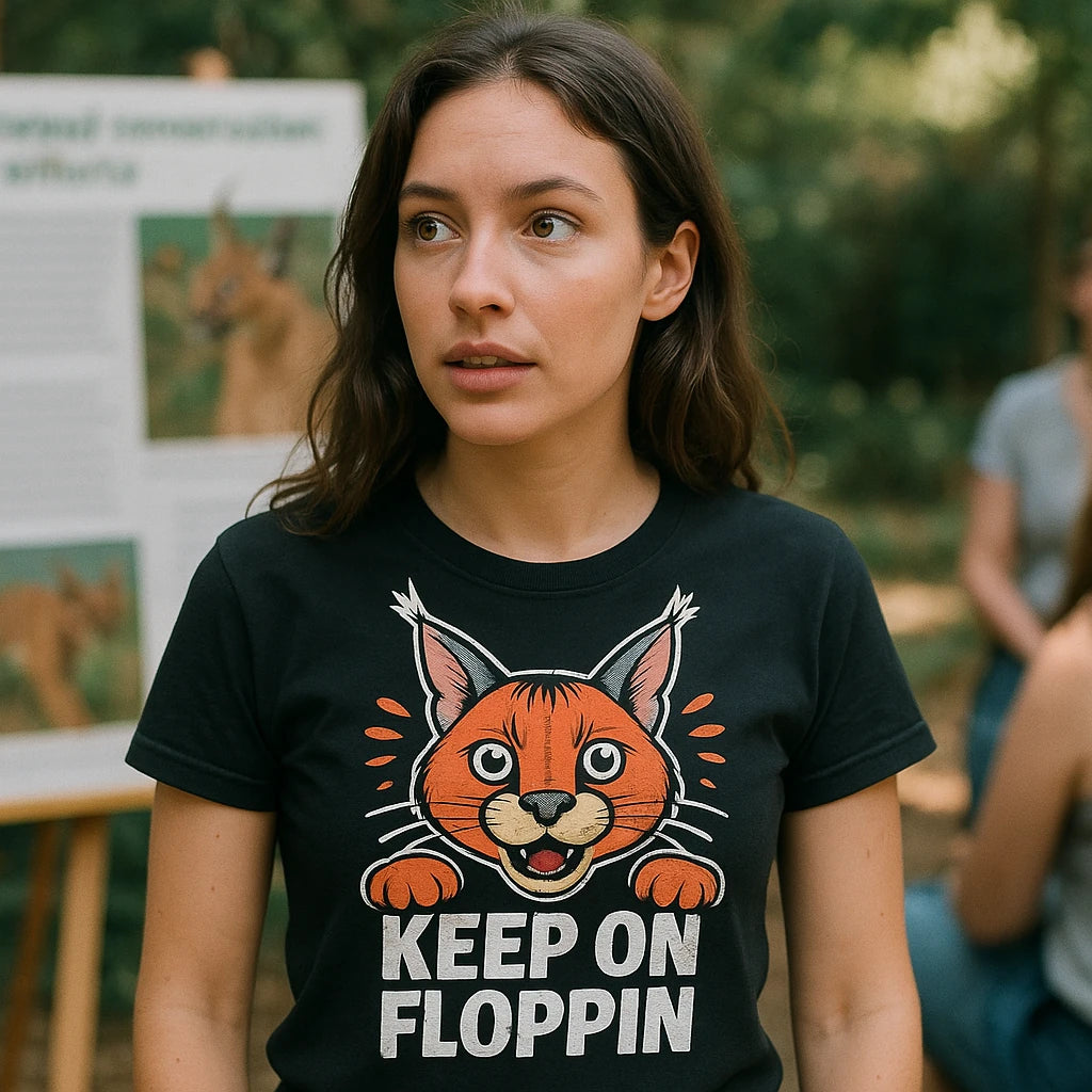 "Keep on Floppin" black caracal t shirt, photographed as caracal lover gift