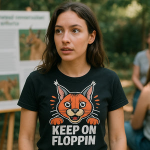 "Keep on Floppin" black caracal t shirt, photographed as caracal lover gift