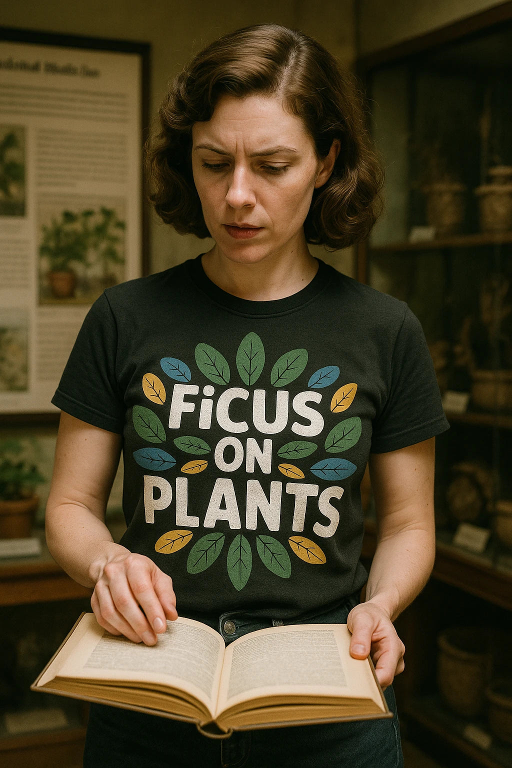 "Ficus on Plants" black t shirt printing botany, photographed as gifts for botany lovers