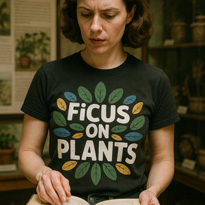 "Ficus on Plants" black t shirt printing botany, photographed as gifts for botany lovers