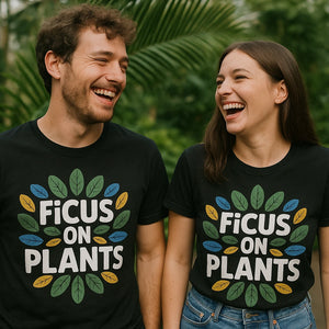 Person wearing the black t shirt printing botany graphic tee - "Ficus on Plants" design