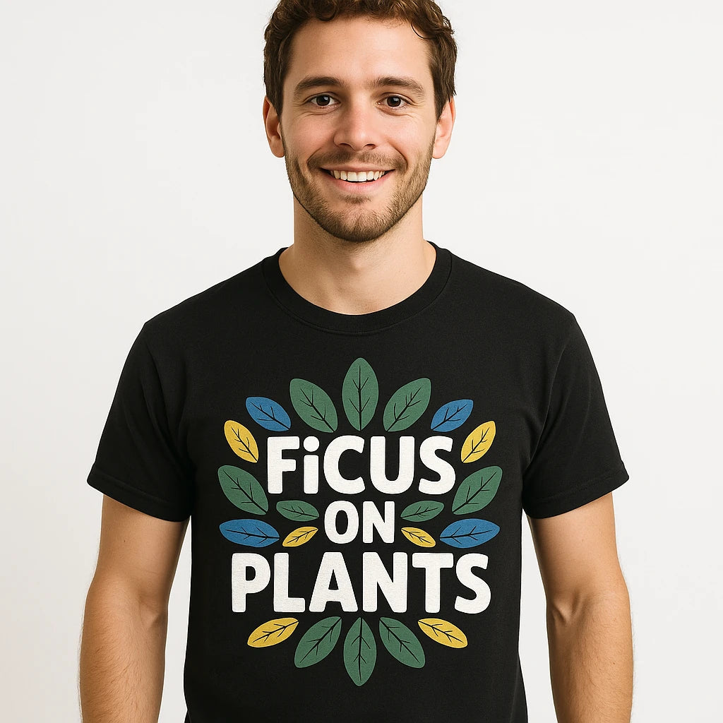Close-up of the "Ficus on Plants" gray print on a premium Bella+Canvas black t shirt printing botany