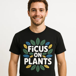 Close-up of the "Ficus on Plants" gray print on a premium Bella+Canvas black t shirt printing botany