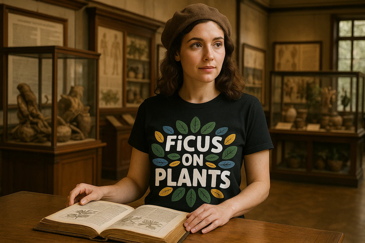 Lifestyle shot of the "Ficus on Plants" black t shirt printing botany in a real-world setting