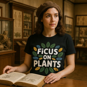 Lifestyle shot of the "Ficus on Plants" black t shirt printing botany in a real-world setting