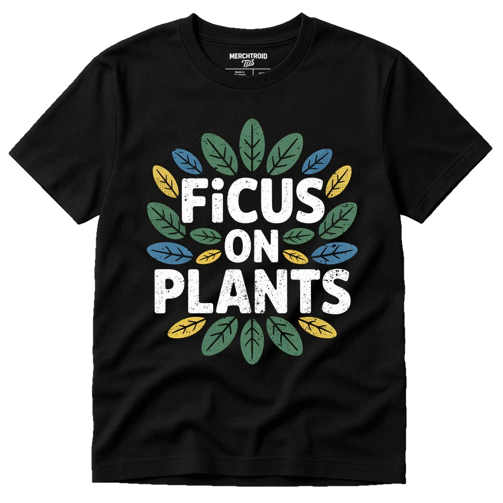 Black T Shirt Printing Botany - "Ficus on Plants" graphic tee with gray print, flat lay product photo