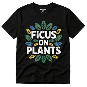 Black T Shirt Printing Botany - "Ficus on Plants" graphic tee with gray print, flat lay product photo