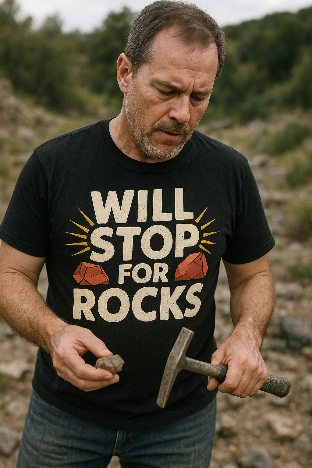 "Will Stop for Rocks" black rock hounding t shirt - a birthday gift for rock hounding