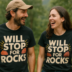 Person wearing the black rock hounding t shirt graphic tee - "Will Stop for Rocks" design