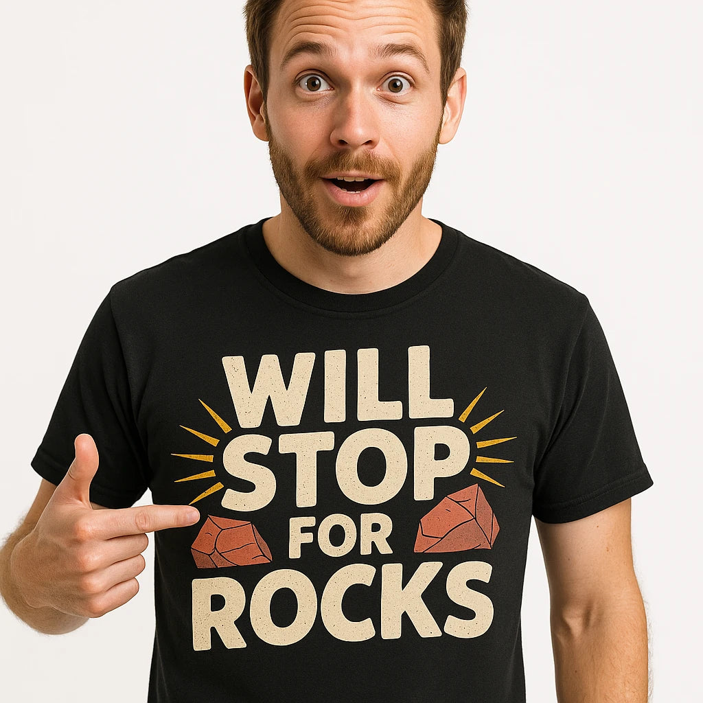 Close-up of the "Will Stop for Rocks" beige print on a premium Bella+Canvas black rock hounding t shirt