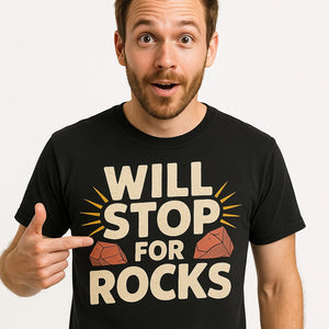 Close-up of the "Will Stop for Rocks" beige print on a premium Bella+Canvas black rock hounding t shirt