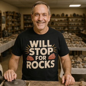 Lifestyle shot of the "Will Stop for Rocks" black rock hounding t shirt in a real-world setting