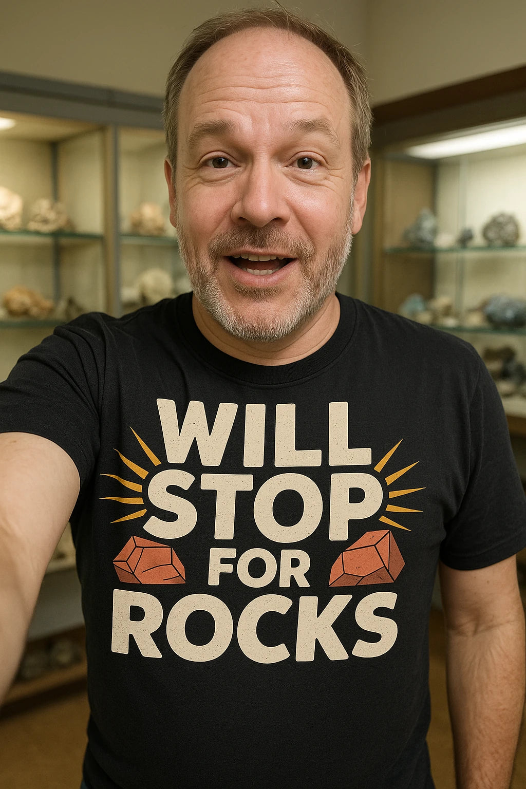 "Will Stop for Rocks" black rock hounding t shirt, photographed as rock hounding gift