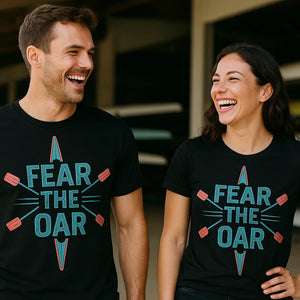Person wearing the black rowback shirts graphic tee - "Fear the Oar" design