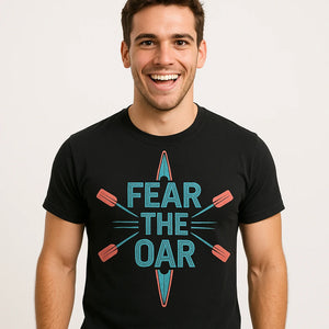 Close-up of the "Fear the Oar" teal print on a premium Bella+Canvas black rowback shirts
