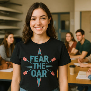 Lifestyle shot of the "Fear the Oar" black rowback shirts in a real-world setting