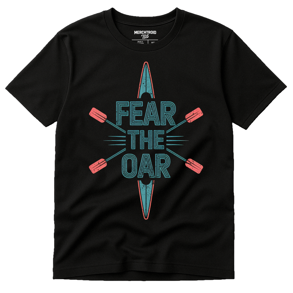 Black Rowback Shirts - "Fear the Oar" graphic tee with teal print, flat lay product photo