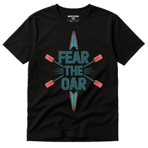 Black Rowback Shirts - "Fear the Oar" graphic tee with teal print, flat lay product photo