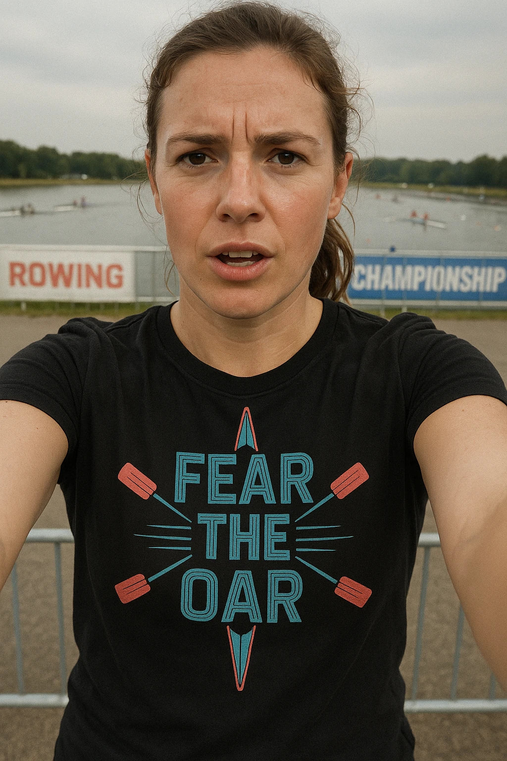 "Fear the Oar" black rowback shirts, photographed as rowing lover gift