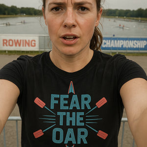 "Fear the Oar" black rowback shirts, photographed as rowing lover gift