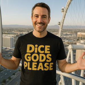 Lifestyle shot of the "Dice Gods Please" black las vegas nevada t shirt in a real-world setting