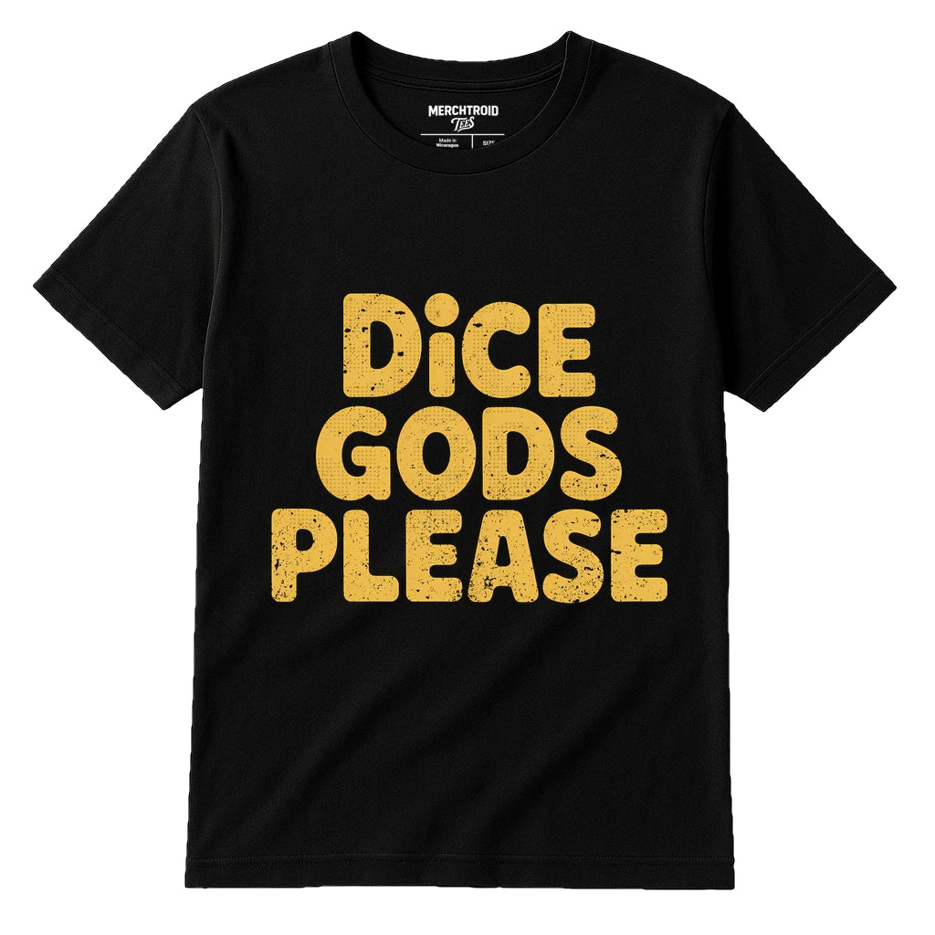 Black Las Vegas Nevada T Shirt - "Dice Gods Please" graphic tee with gold print, flat lay product photo