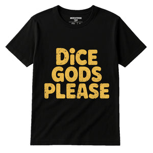 Black Las Vegas Nevada T Shirt - "Dice Gods Please" graphic tee with gold print, flat lay product photo