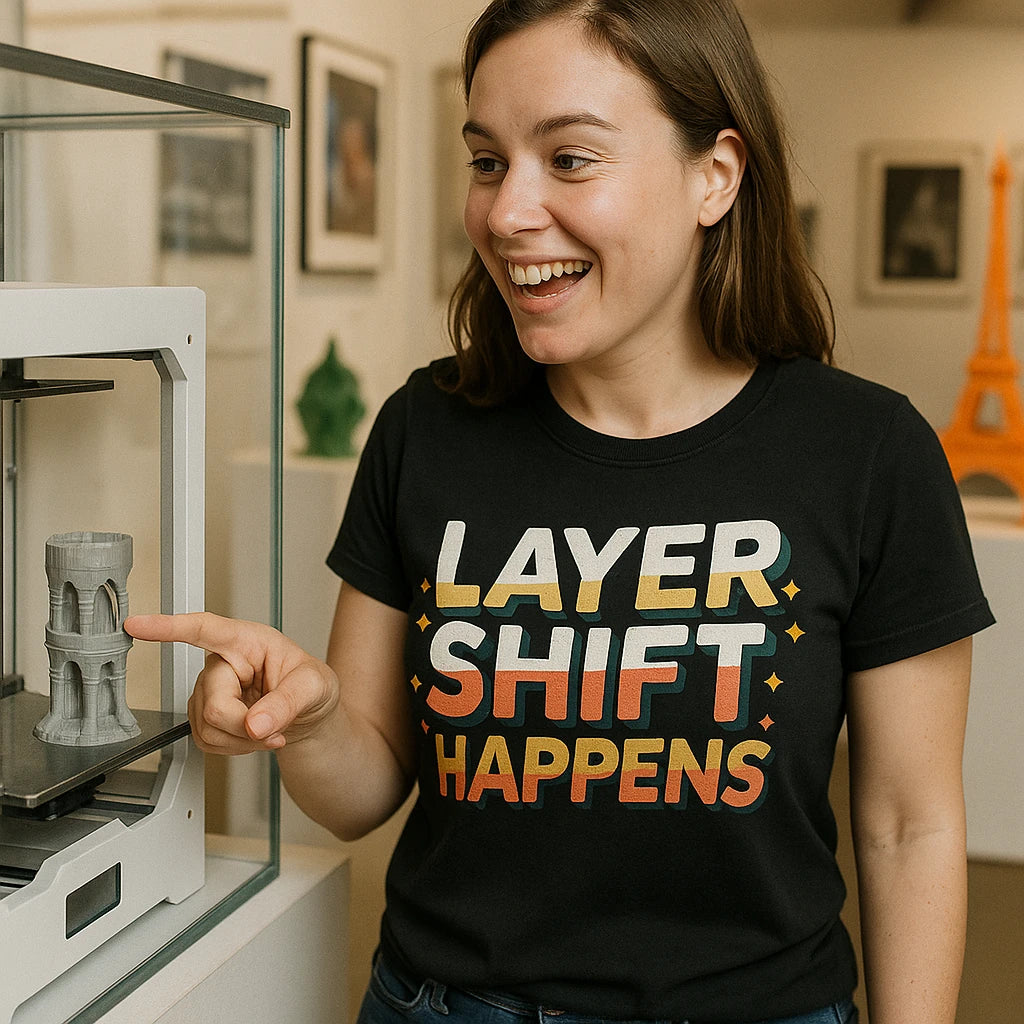 "Layer Shift Happens" black 3d printing shirts - also a 3d printed christmas gifts