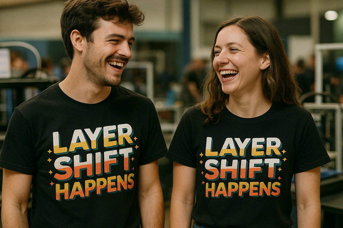 Person wearing the black 3d printing shirts graphic tee - "Layer Shift Happens" design