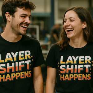 Person wearing the black 3d printing shirts graphic tee - "Layer Shift Happens" design