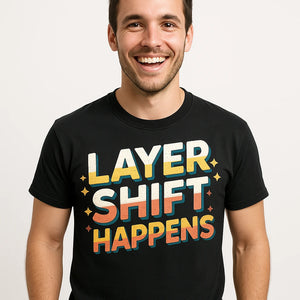 Close-up of the "Layer Shift Happens" gold print on a premium Bella+Canvas black 3d printing shirts
