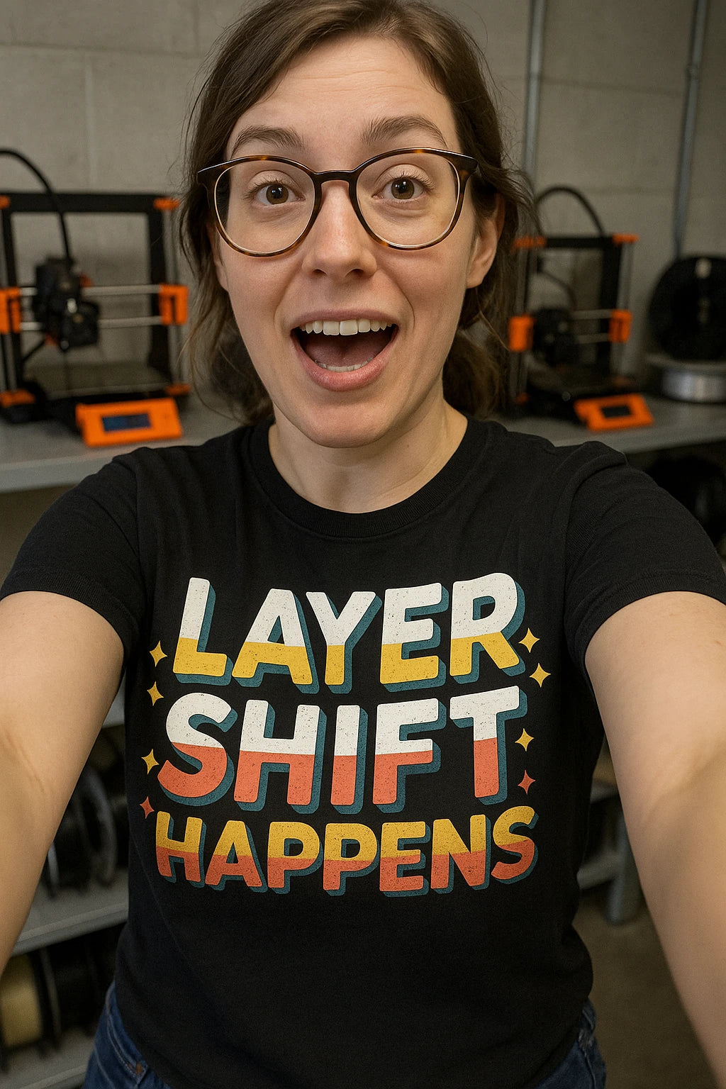 "Layer Shift Happens" black 3d printing shirts - also a 3d printer for clothes