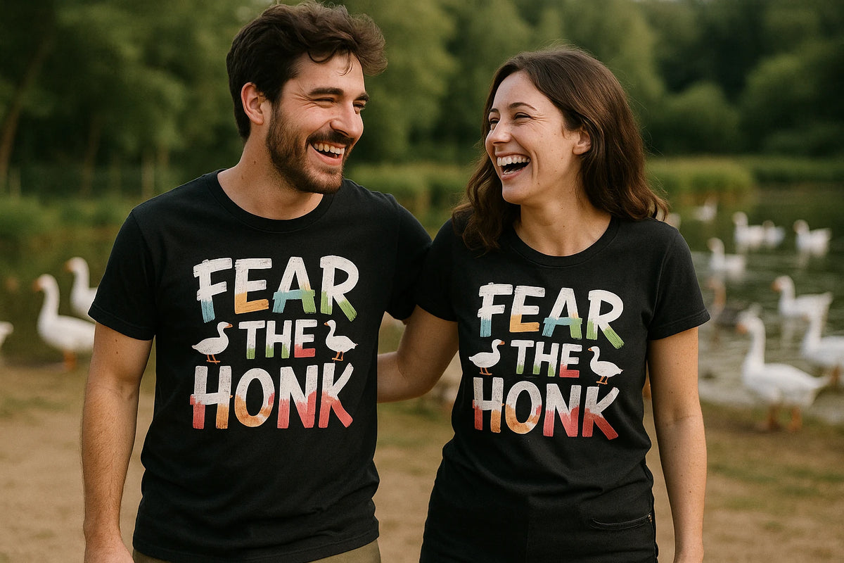 Person wearing the black geese shirts graphic tee - "Fear the Honk" design